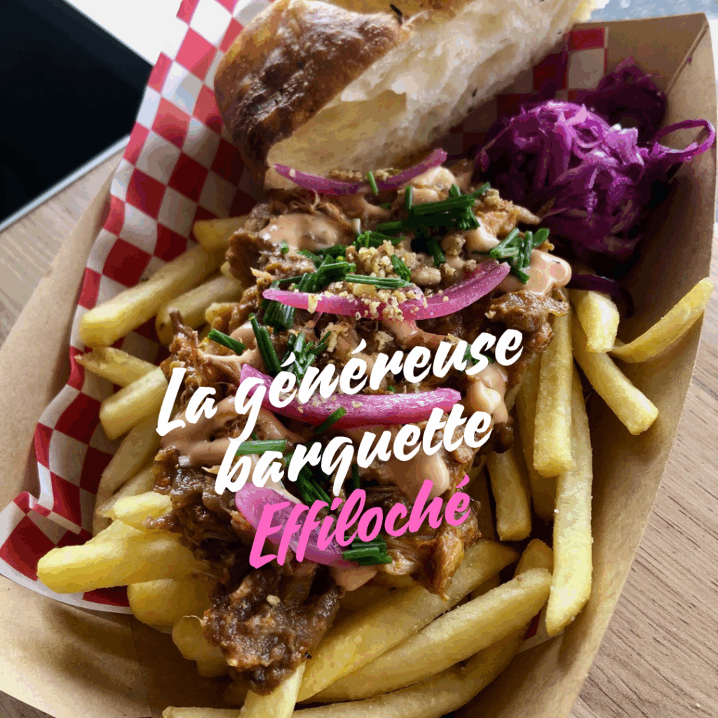 La généreuse barquette Effiloché de porc, frites et sauce au raifort et cornichons